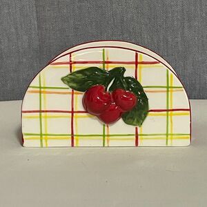 Vintage Lady Jayne Cherry Ceramic Napkin Holder Plaid Kitchen Decor Handcrafted